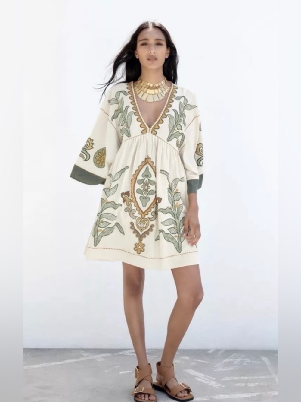 Zara Embroidered Linen Blend Mini Dress size L - Picture 2 of 12